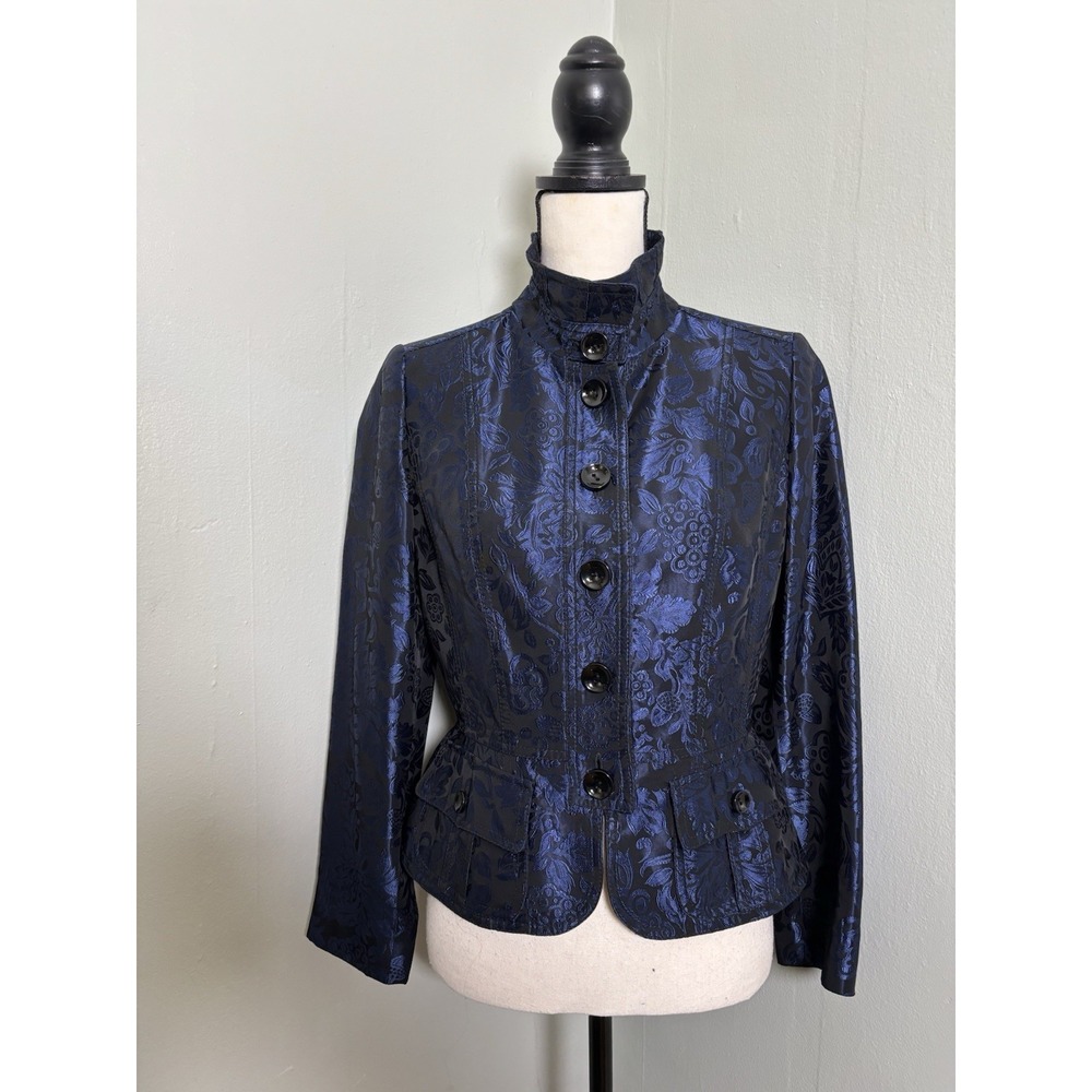 Per Se Black Blue Floral Jacquard Jacket Brocade Victorian Romantic High Collar